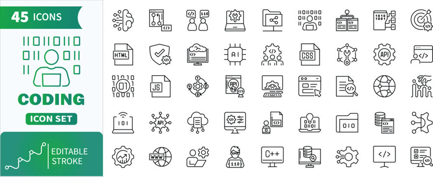 Coding and programming line icon set with editable stroke. Collection of web design, app, ui, and ux representing various concepts