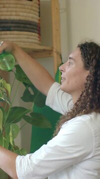 Vertical video: Lifting green bottle, person misting plant to care at home in white top, copy space