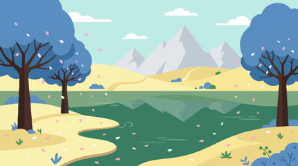 Fototapeta premium Stylized Spring Landscape with Blue Trees, Pink Petals, Lake, and Mountains