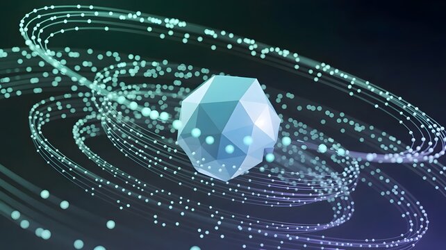 Glowing particles orbiting central crystalline structure &ndash; Perfect for startup ecosystem, network effects, or data connection.