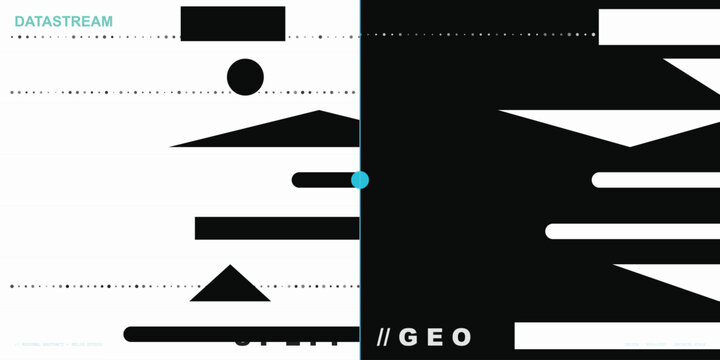 Abstract geometric composition with split screen design, black and white shapes, and data stream elements