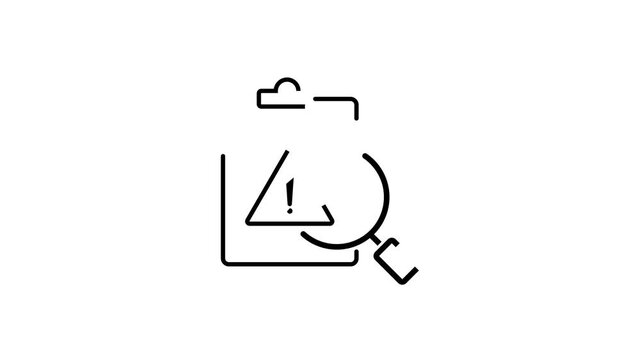 Error check icon animation on black and white background. consist of a clipboard, magnifying glass, and warning sign, transitioning between black and white backgrounds, symbolizes security