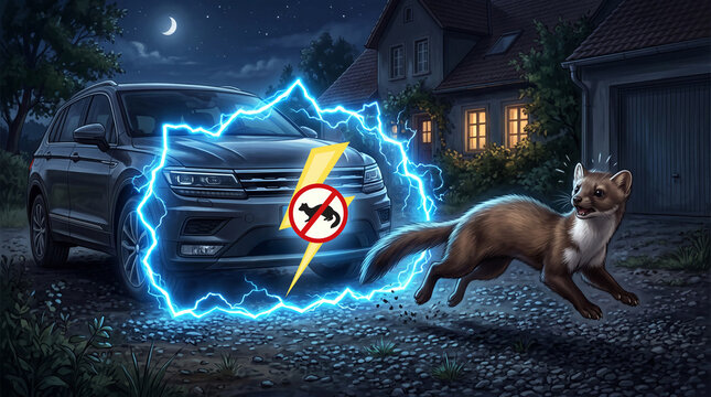 During the night, a marten flees from an electric deterrent device on a parked car.
