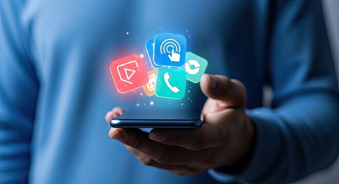 Mobile app icons floating above smartphone digital technology concept