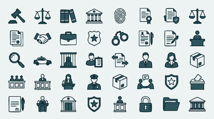 Law and Justice Icons Set: Legal System, Court, and Police Symbols © Colorwave Studio