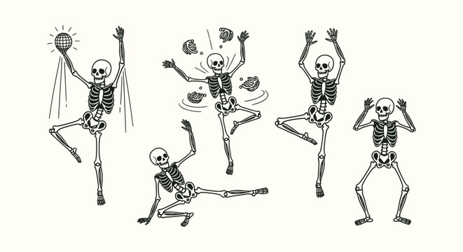 Set of funny dancing skeletons in different poses for Halloween party and seasonal vector design.