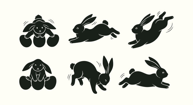 Collection of Black Rabbit Silhouettes Jumping and Running with Easter Eggs Vector Illustration Set
