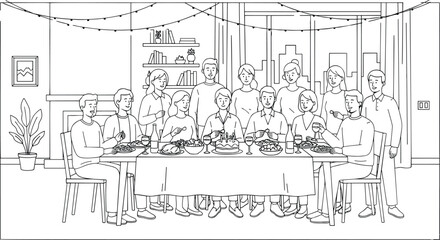 Obraz premium Large family or group of friends celebrating a birthday party with dinner at home line art vector illustration.