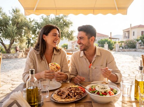 Greek adults enjoying souvlaki traditional cuisine Mediterranean outdoor restaurant meal smiling couple holds pita and shares grilled specialties beside salad and olive oil in bright village dining