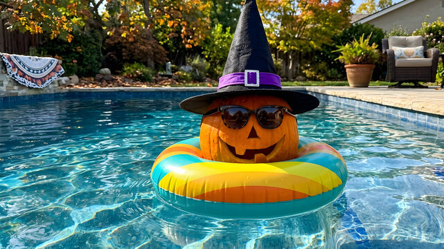 A Halloween pumpkin in sunglasses and a witch's hat floats in an inflatable beach ring in a pool on a sunny day