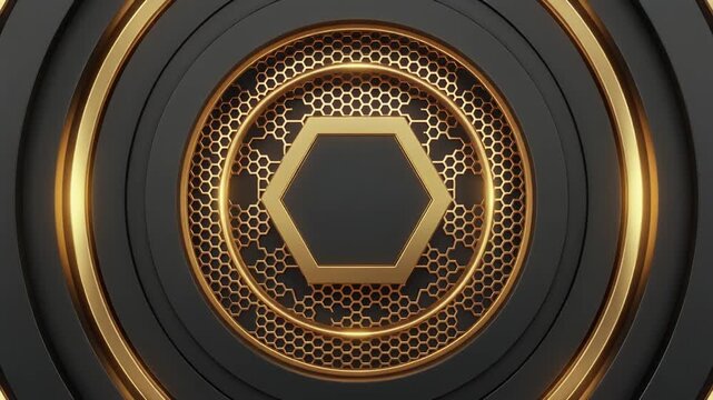 Luxurious geometric hexagonal pattern with gold rings and mesh texture on dark background, symbolizing elegance, symmetry, and modern sophistication.
