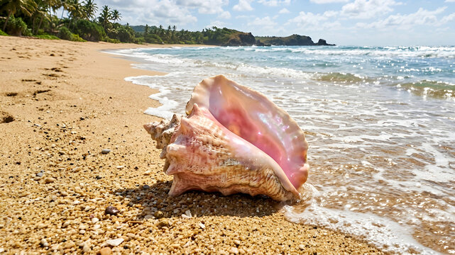 A beautiful pink conch shell rests on a sandy beach with gentle waves lapping at the shore under the bright sun