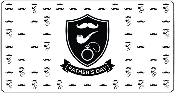 Father's day emblem shield with pipe and watch surrounded by repeat pattern of gentleman accessories for wrapping paper and holiday backdrop design.