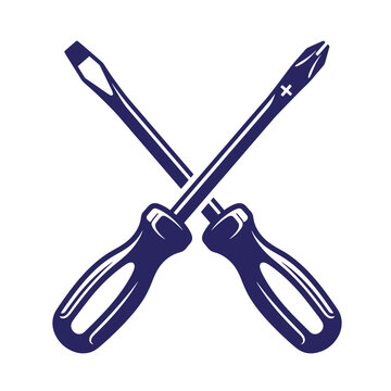 Crossed flathead and phillips screwdrivers illustration icon with screwdriver hardware handyman equipment construction maintenance illustration industrial
