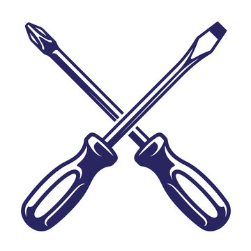 Set of crossed phillips and flathead screwdrivers icon with screwdriver hardware construction maintenance handyman equipment fastener illustration industrial