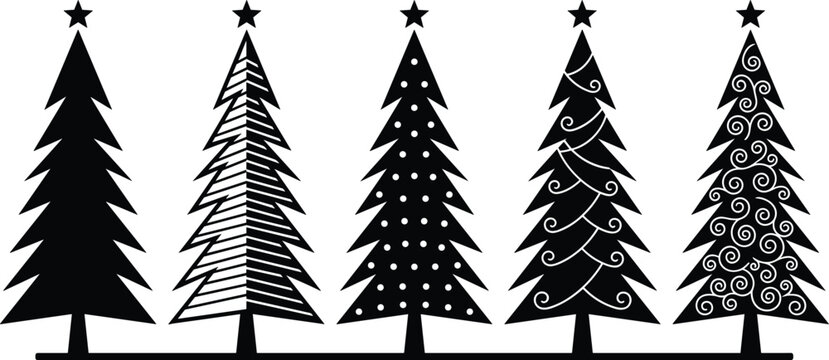 Christmas tree silhouette icon set. Festive pine fir, winter holiday pattern decoration, star topper spruce, traditional xmas ornament graphic and seasonal greeting card elements.