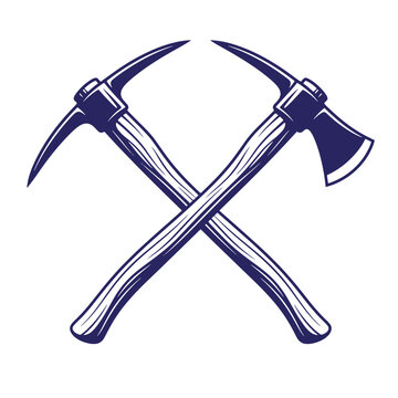 Crossed pickaxe and adze mining and prospecting tools illustration with prospecting construction industry isolated silhouette equipment hardwork excavation