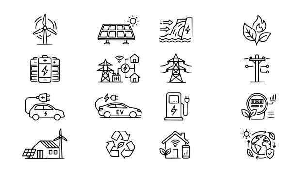 Green technology outline vector icon collection sustainable energy symbols
