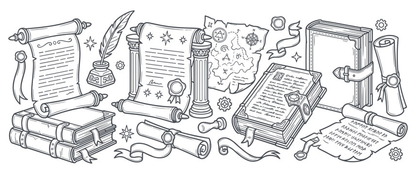 Ancient scrolls and fantasy books vintage library set.