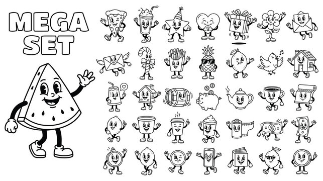 Cartoon retro mascot character set vintage hand drawn.