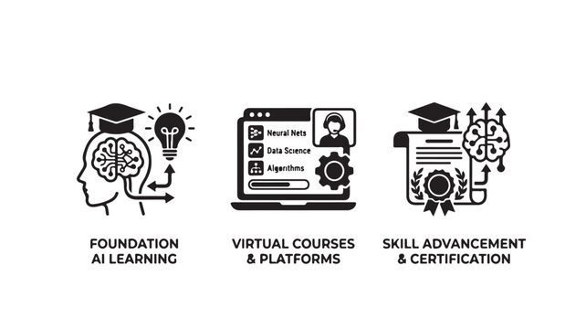 Black and white AI learning concepts including foundation AI learning, virtual courses and platforms, and skill advancement and certification