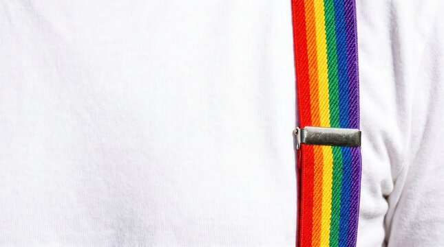 Vibrant rainbow suspender with a metal clasp against a white shirt. Signifying pride, diversity, acceptance, and equality for the LGBTQ+ community, celebrating individuality.