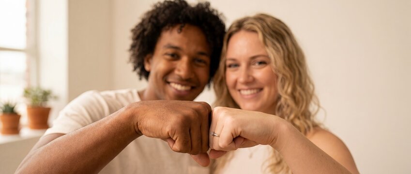 interracial friendship black white men fistbump support unity gesture portrait two friends exchange friendly fist bump close to camera representing solidarity encouragement equality and reliable