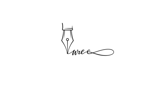 Elegant pen writing symbol with infinity loop and text on white background
