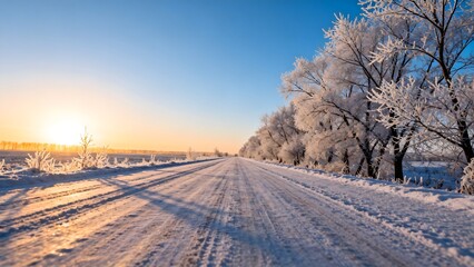 Obraz premium Snowy road with frosty trees at sunrise