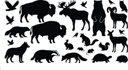 Obraz premium Assortment of North American wildlife silhouettes featuring bison moose bear and birds