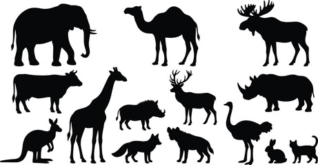 Fototapeta premium Assorted wild animal silhouettes including mammals and birds isolated on white background