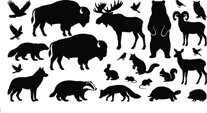Assortment of North American wildlife silhouettes featuring bison moose bear and birds