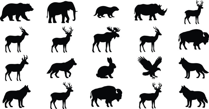 Assortment of wild animal silhouettes including deer moose bison elephants and foxes