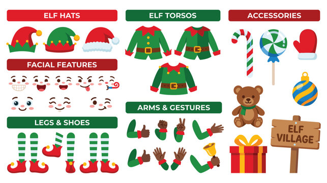 Christmas elf creator set with hats bodies and accessories.