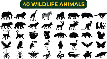 Obraz premium Forty wildlife animal silhouettes icons set for education and creative projects design now