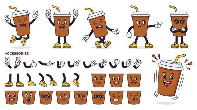 Coffee cup character creator with poses and expressions.
