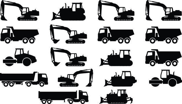 Industrial construction vehicle silhouettes including excavators dump trucks and rollers