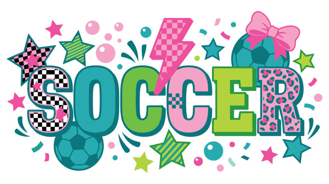 Soccer word art with patterns and bright colors.