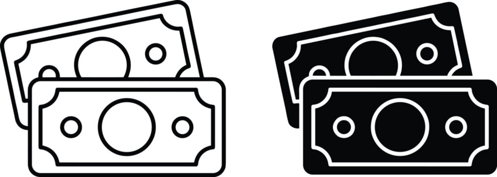 Two bank note icons in outlined and filled black style representing financial currency