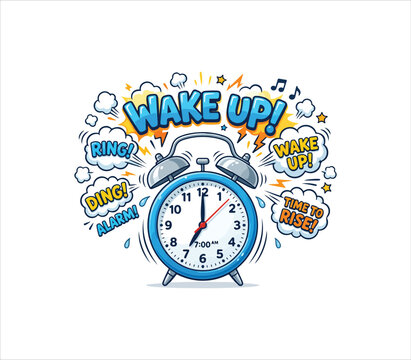Cartoon style illustration of alarm clock ringing wake up time