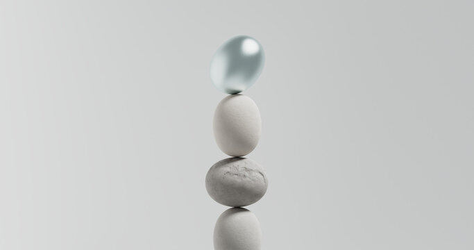 Torre de equilibrio abstracta de piedras zen en 3D con huevo met&aacute;lico en la parte superior sobre fondo gris minimalista.