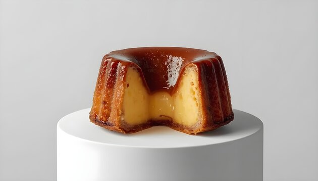 Artistic shot of cannele de bordeaux pastry with missing bite revealing soft custard center and dark caramel skin.