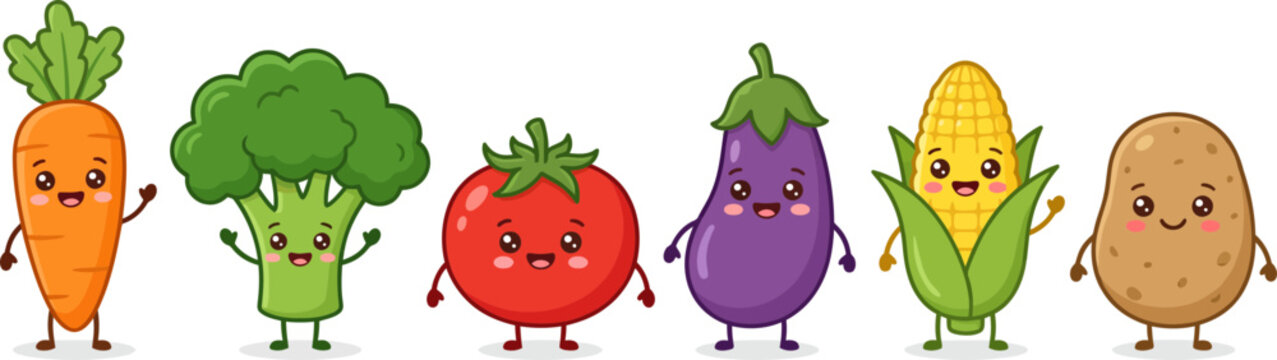 Cute kawaii vegetable character set featuring a smiling carrot broccoli tomato eggplant corn and potato in flat vector illustration style