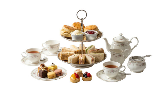 Traditional afternoon tea set with finger sandwiches, scones and clotted cream. Elegant British high tea service with porcelain teapot and assorted pastries. isolated PNG with Transparent