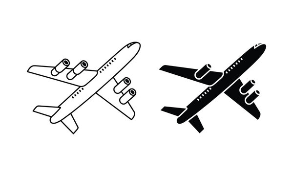 Airplane icon set with line and solid black versions