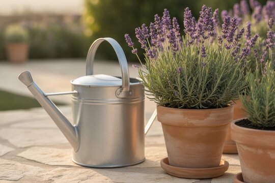 Watering can and potted lavender on a sunlit patio with soft golden light