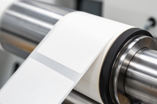 Roll of blank adhesive labels on industrial printing machine mockup for packaging