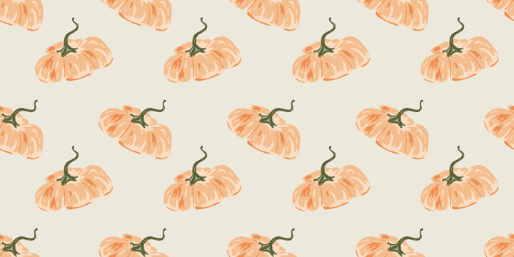 Cute seamless pattern with textured orange pumpkins. Thanksgiving and harvest background wrap design for autumn holiday celebration. Vector illustration isolated on light grey.