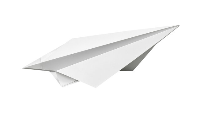 Studio shot of white origami paper airplane folded in flight pose with sharp focus and centered composition