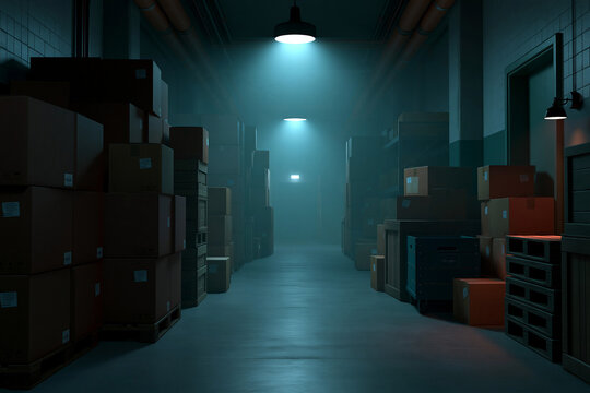 Dimly lit corridor with stacked boxes